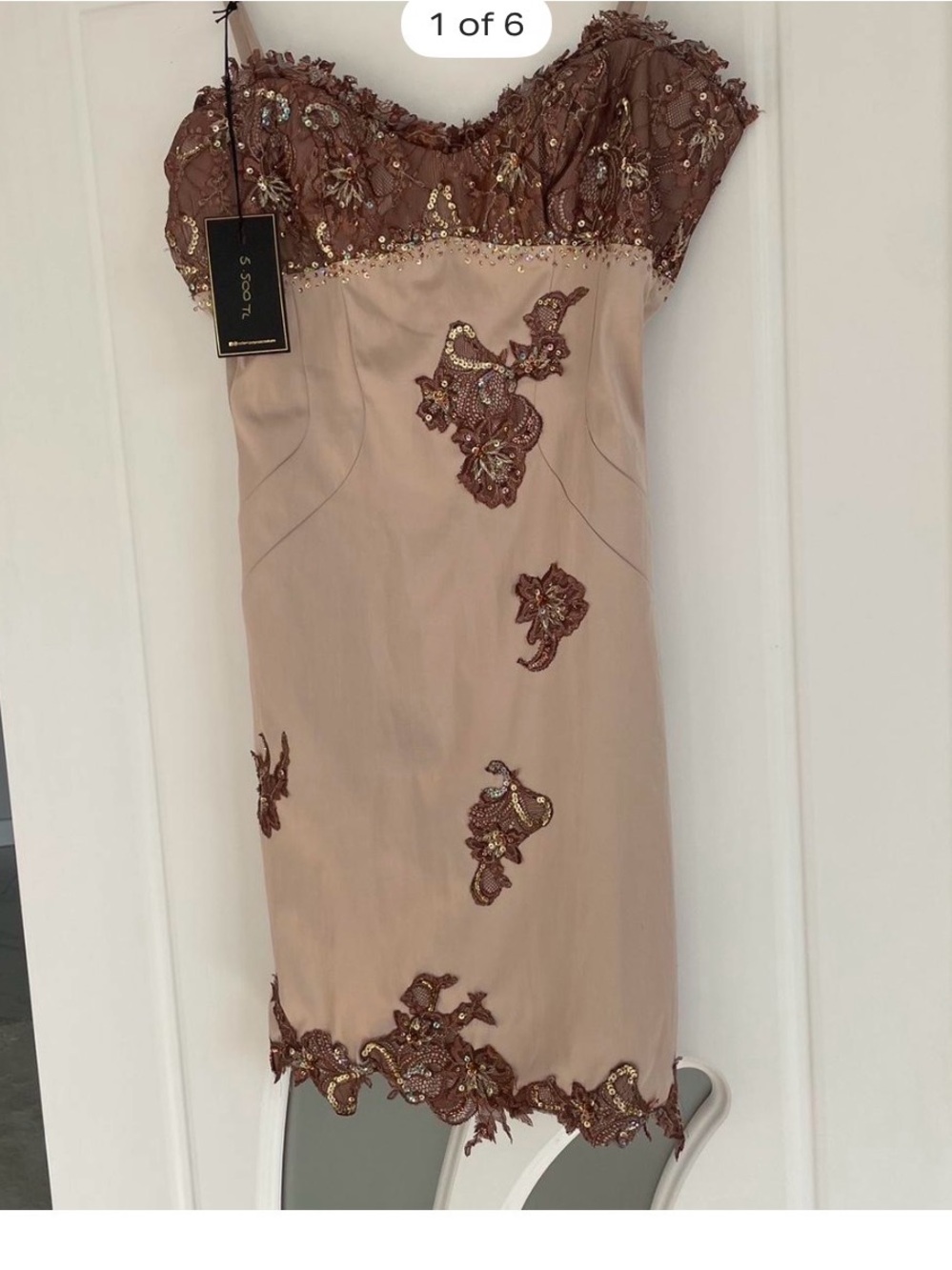 Strapless Embellished Cocktail Dress in Blush and Brown
